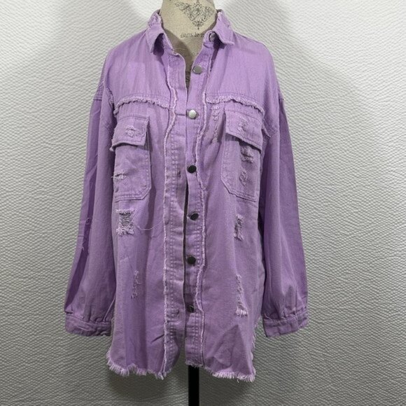 Jeans Ripped Raw Edge Oversized Denim Jacket, Distressed Collar Long Sleeves Y2K - Picture 4 of 10